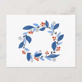 Postal Corona de invierno. Hojas azules y bayas rojas