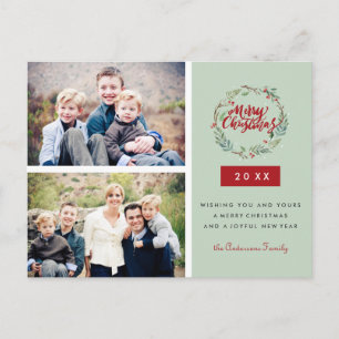 Postal Corona de Navidad Clásica con Dos Fotos Personaliz