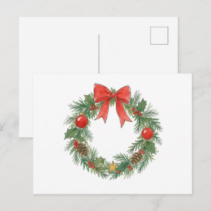 Postal Corona de Navidad clásica con lazo para amantes de