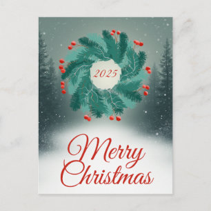Postal Corona de Navidad con bayas rojas y bosque
