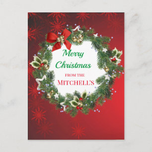Postal Corona de Navidad con copos de nieve rojos