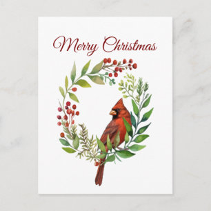 Postal Corona de Navidad de cardenal rojo acuarela