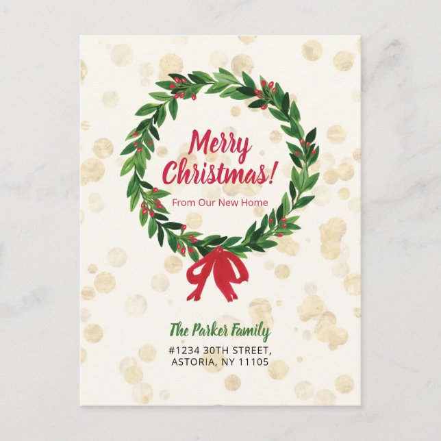 Postal Corona de Navidad Roja y Verde Anuncio de Mudanza  (Anverso)