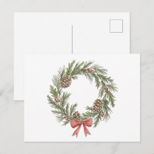 Postal Corona de Navidad rústica con piñas y lazo rojo