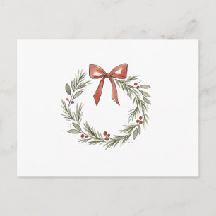 Postal Corona de Navidad suave con lazo rosa acuarela 