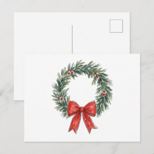 Postal Corona de Navidad tradicional con lazo rojo acuare