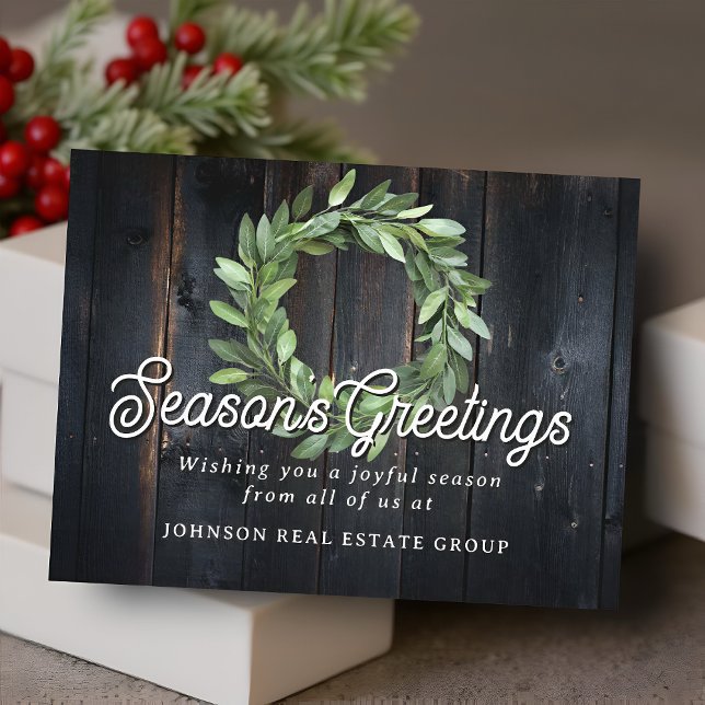 Postal Corona de Navidad verde sobre madera, Feliz Navida (Subido por el creador)