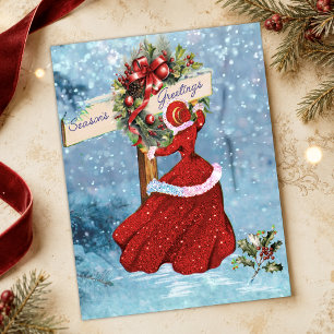Postal Corona de Navidad vintage niña nieve brillo rojo
