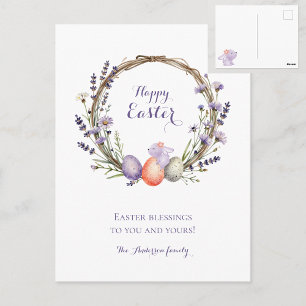 Postal Corona de Pascua de Aquarela Lavanda Huevos Coneji