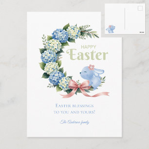 Postal Corona de Pascua de Hortensias en Acuarela Conejo 