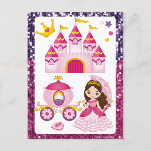 Postal Corona Dorada Castillo Princesa Secuencia Rosa Púr