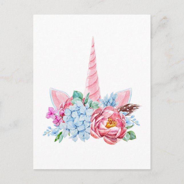 Postal Corona floral acuarela unicornio (Anverso)