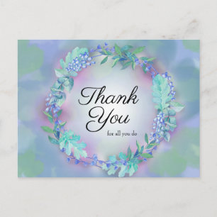 Postal Corona floral azul púrpura Gracias por todo lo que
