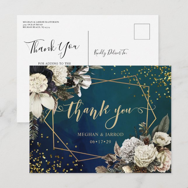 Postal Corona floral romántica de boda en oro agradecimie (Anverso / Reverso)