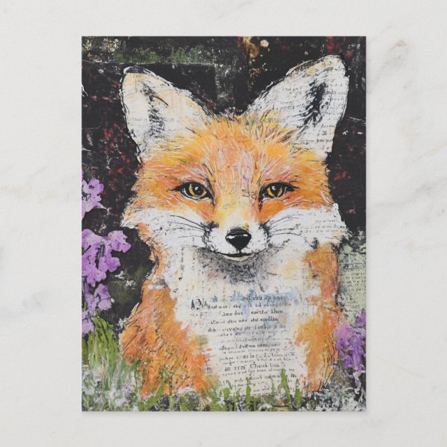 Postal Corte Red Fox Purple Flowers Mixed Media (Anverso)