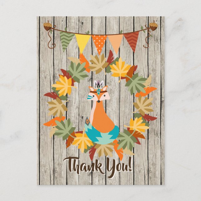 Postal Corte Tribal Fox, Wreath of Leaves Autumt Gracias (Anverso)