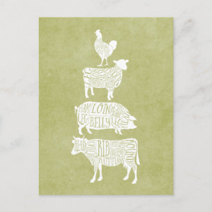 Postal Cortes de carne de carnicería vintage vaca cerdo p