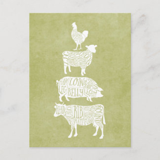 Postal Cortes de carne de carnicería vintage vaca cerdo p