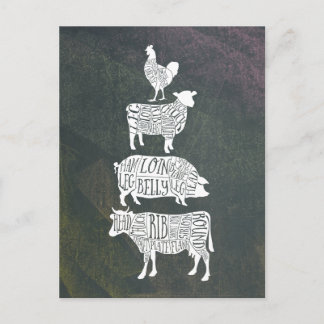 Postal Cortes de carne de carnicería vintage vaca cerdo p