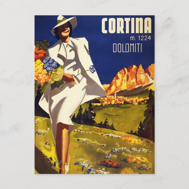 Postal Cortina Dolomiti Italia Reponen afiche de época (Anverso)