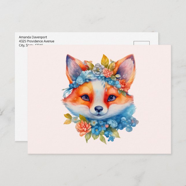 Postal Corto Naranja Fox con corona floral (Anverso / Reverso)