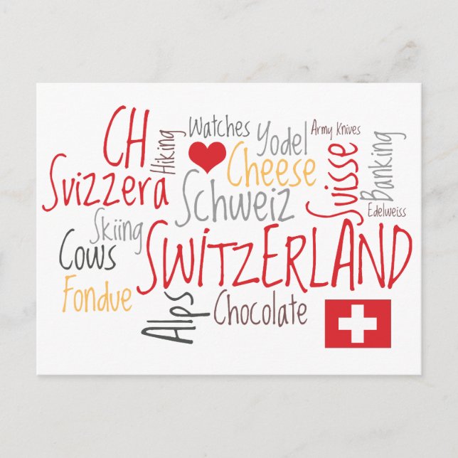 Postal Cosas que me encantan de Suiza, queso, chocolate (Anverso)
