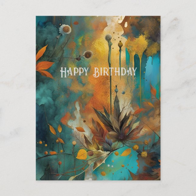 Postal Cosecha de Otoño Turquesa Óxido Dorado Cumpleaños  (Anverso)