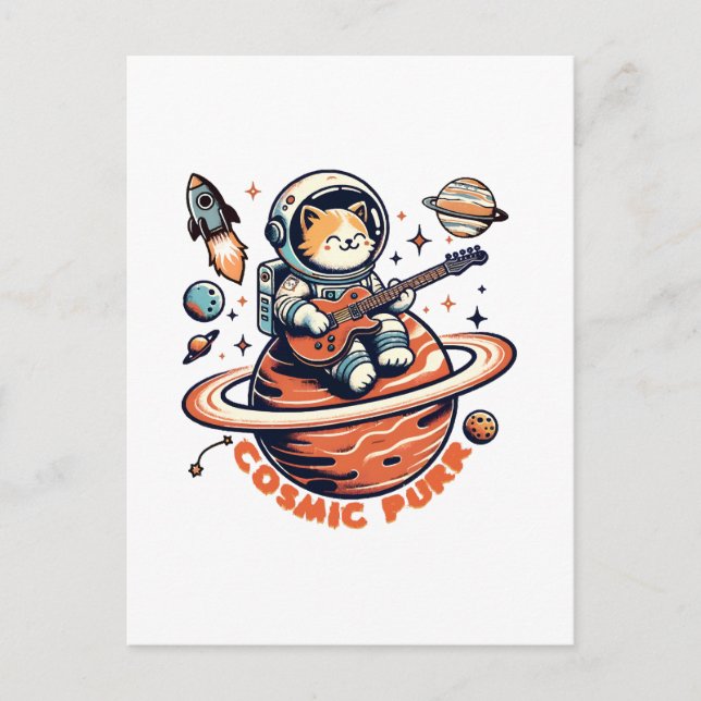 Postal Cosmic Purr - Astro Guitarrista Gato (Anverso)
