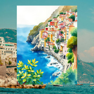 Postal Costa Amalfitana Italia Acuarela Costera Italiana