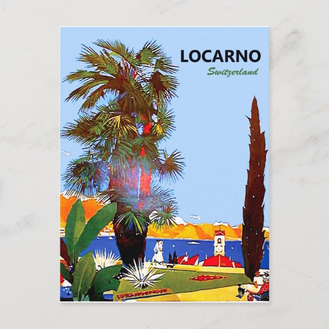Postal Costa de Locarno, palmera, Suiza, vintage (Anverso)