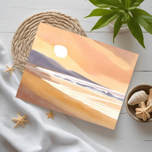 Postal Costa de puesta de sol amarilla   Pintura acuarela
