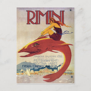 Postal Costa de Rímini, Italia, chica en un pez grande