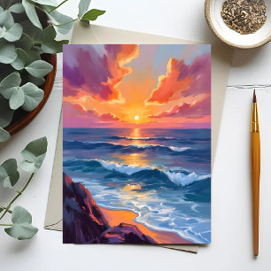 Postal Costa Dorada   Pintura en Acuarela de la Puesta de