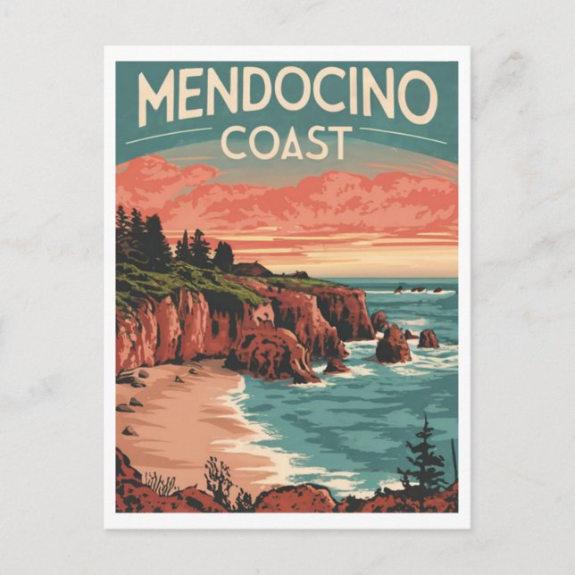 Postal Costa Mendocino, acuarela retro de California (Anverso)