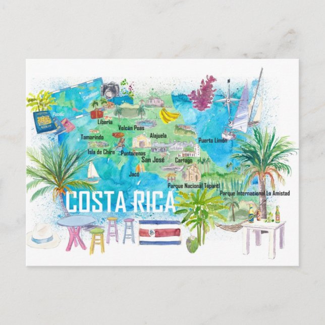 Postal Costa Rica Ilustró mapa de viajes con carreteras (Anverso)