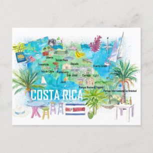 Postal Costa Rica Ilustró mapa de viajes con carreteras
