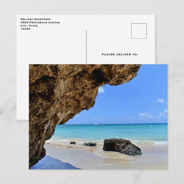 Postal Costa Tropical de Playa con Roca Grande (Anverso / Reverso)