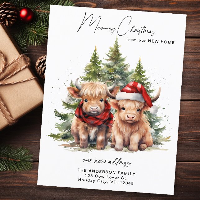 Postal Cosy Highland Cow Nueva dirección Feliz Navidad (Subido por el creador)