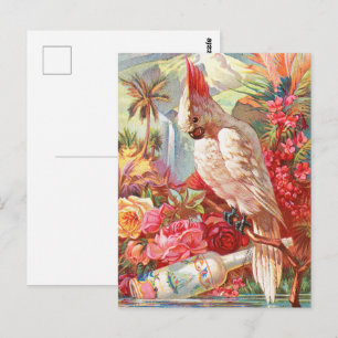 Postal Cotorra Tropical Vintage y Arte Botánico de Rosa
