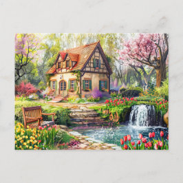 Postal Cottage de primavera con tulipanes florecientes
