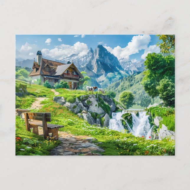Postal Cottaje alpino por cascada de montaña (Anverso)
