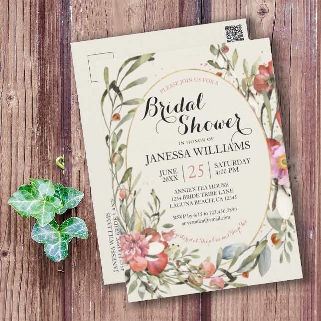 Postal Country Garden Floral Bridal Shower Invitation  (PRETTY COUNTRY GARDEN BRIDAL SHOWER POSTCARD INVITATION
)