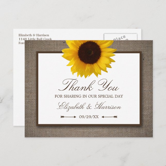 Postal Country Rustic Sunflower & Burlap Gracias (Anverso / Reverso)