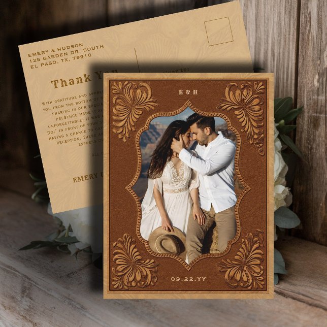 Postal Country Western Tooled Wedding Photo Thank You (country rustic cowboy wedding thank you postcard faux tooled leather terracotta rust western barn)
