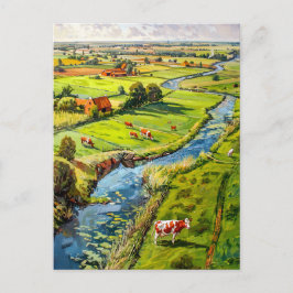 Postal Countryside with Cows and Stream Fantasy Painting