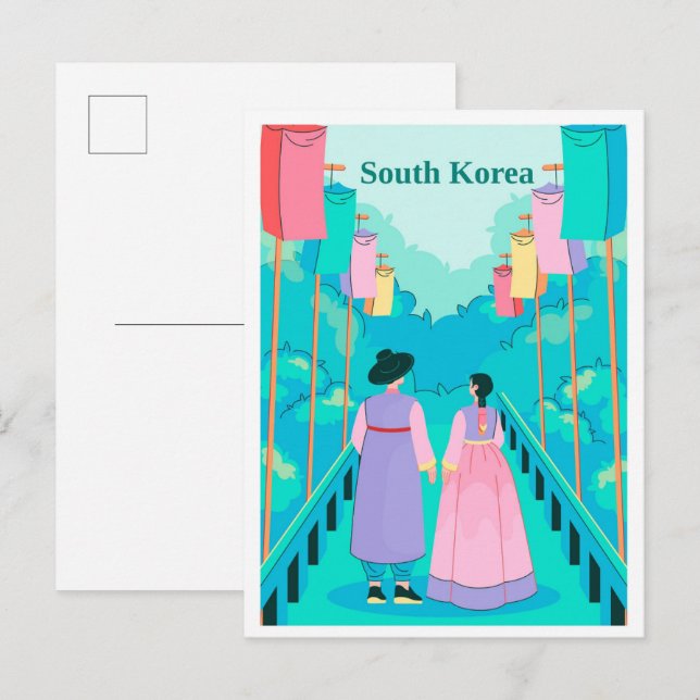 Postal Couple in Seoul South Korea Travel Illustration (Anverso / Reverso)