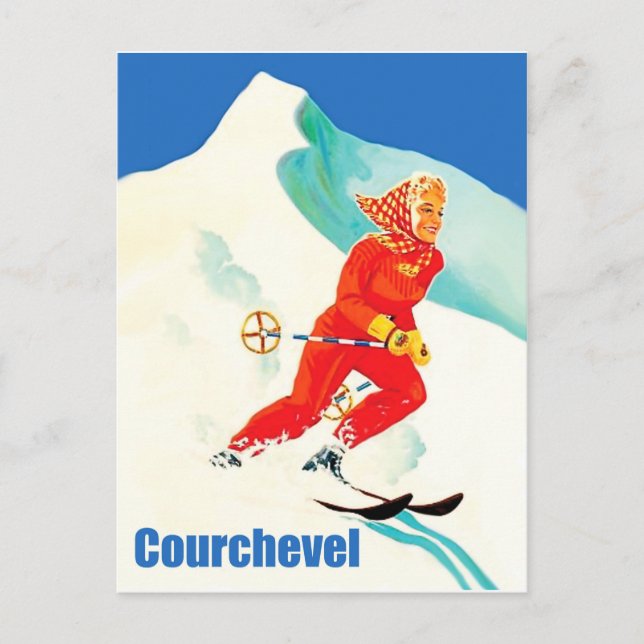Postal Courchevel, mujer en pista de esquí, Francia, Vint (Anverso)
