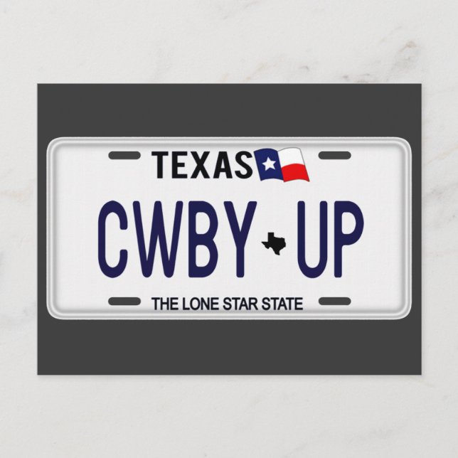 Postal ¡Cowboy Arriba! Placa de licencia de Texas para CW (Anverso)