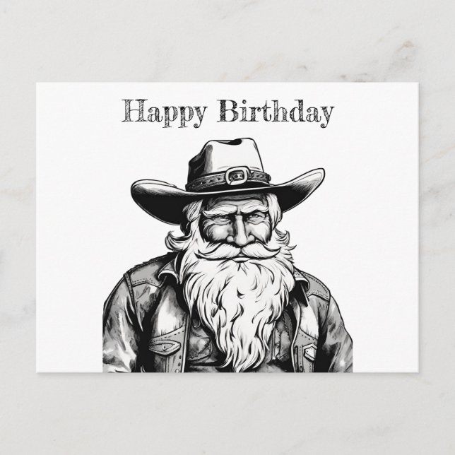 Postal Cowboy feliz cumpleaños con chaqueta de cuero (Anverso)