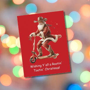 Postal Cowboy Santa en Scooter Saludo de Navidad